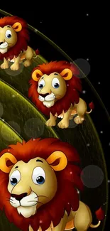 Cartoon lions on a playful black background wallpaper.