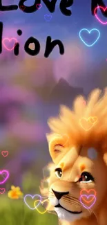 Cute lion with glowing hearts and dreamy background.