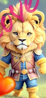 Cute fantasy lion in regal outfit with heart and love text.