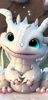 Adorable baby dragon sitting in snow with a whimsical winter background.