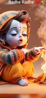 Little Krishna sitting by a fire in colorful attire.