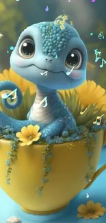 Cartoon lizard in a yellow teacup surrounded by flowers.