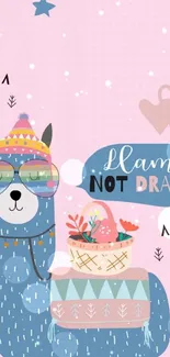 Cute llama illustration with pink background and playful text.