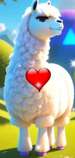 Adorable white llama with heart and sparkles in a vibrant cartoon setting.