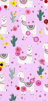 Playful llama and cactus design on pink for phone wallpaper.