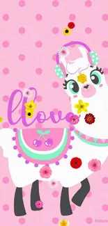 Cute llama on pink polka dot background mobile wallpaper.