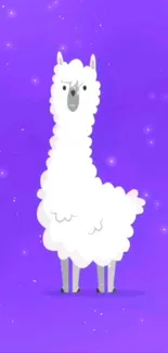 Cute white llama on purple background with sparkling effect.