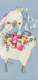 Cute llama with floral crown on light blue background.