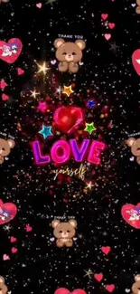 Cute teddy bears and hearts with 'Love Yourself' text on a cosmic backdrop.