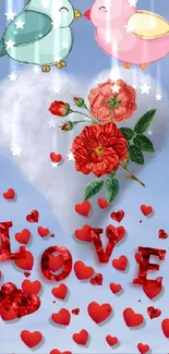 Love birds and heart with vibrant flowers in blue sky background.