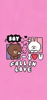 Cute love-themed cartoon illustration wallpaper in pink background.