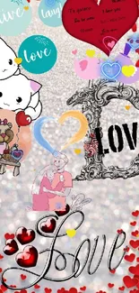 Cute love-themed collage wallpaper with red hearts and animals.