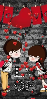 Cute love couple wallpaper with red heart accents and brick background.