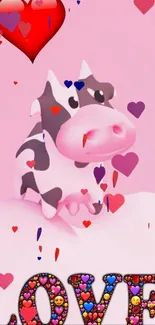 Cute cartoon cow surrounded by hearts with Love on pink wallpaper.