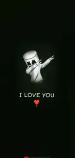 Dabbing character with 'I Love You' text and red heart on black background.