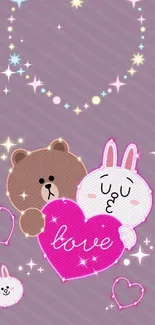 Cute bear and rabbit hug a pink heart on pastel wallpaper.