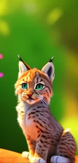 Adorable cartoon lynx on a sunny green background with flowers.