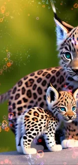 Cute lynx mother and kitten in a vibrant nature setting, ideal for mobile wallpaper.