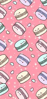 Cute macaron pattern with a pink background, featuring hearts and sparkles.