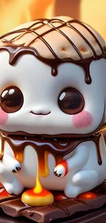 Cute cartoon marshmallow in chocolate art.