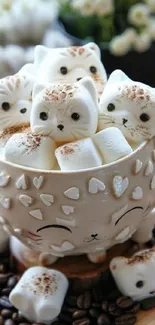 Cute cat-shaped marshmallows in a decorative mug.