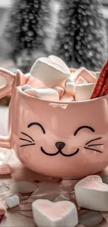 A cute cat mug filled with marshmallows, perfect for a cozy wallpaper.