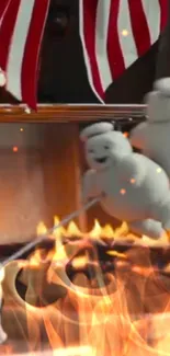 Adorable marshmallow figures having fun near fire grill.