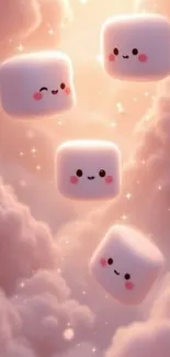 Cute marshmallow characters in pink fluffy clouds.