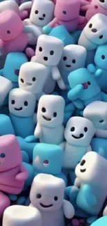 Cute pastel marshmallow creatures with smiling faces.