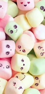 Colorful marshmallows with cute faces in pastel hues.