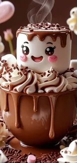 Cute marshmallow in hot chocolate with flowers.