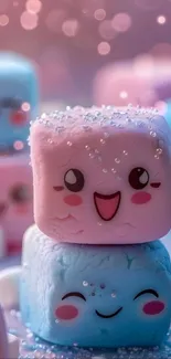 Kawaii marshmallow faces in pastel hues.