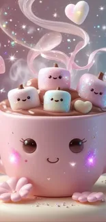 Cute kawaii mug with marshmallows and hearts.