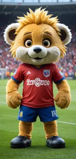 Adorable soccer mascot stands on a vibrant green field.