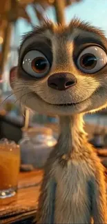 Cartoon meerkat with large eyes smiling.