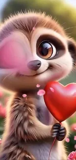 Adorable meerkat with heart balloon amidst roses.