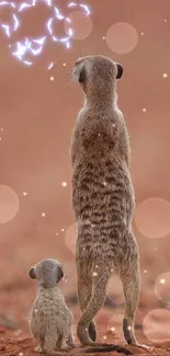 Two meerkats standing in a sandy desert backdrop, seen from behind.