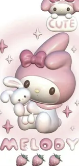 Cute Melody cartoon with pastel pink and strawberries.