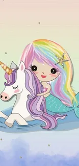 Cute mermaid with rainbow hair hugging a unicorn on pastel background.