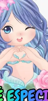 Winking anime mermaid with blue hair and pink accents on mobile wallpaper.