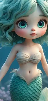 Cute cartoon mermaid with teal hair in vibrant underwater setting.