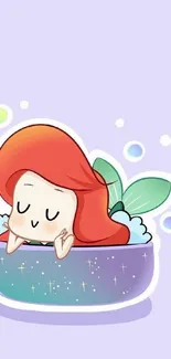 Cute cartoon mermaid in lavender sea with red hair and bubbles.