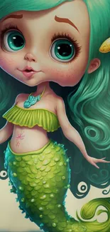 Adorable cartoon mermaid with teal hair and lime tail.