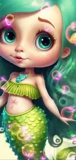 Cute mermaid with teal hair and bubbles in a fantasy wallpaper.