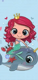 Cute mermaid with narwhal on light blue background.