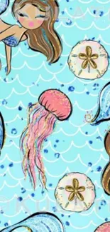 Whimsical mermaid and ocean creatures wallpaper in pastel colors.