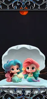 Cute mermaids in a pearl shell against a dark ocean background.