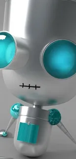 Cute metallic robot with teal eyes on a silver background.