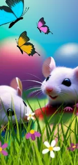 Cute mice with colorful butterflies in a vibrant garden scene.