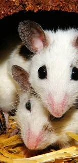 Three cute mice nestled inside a wooden shelter with straw bedding.